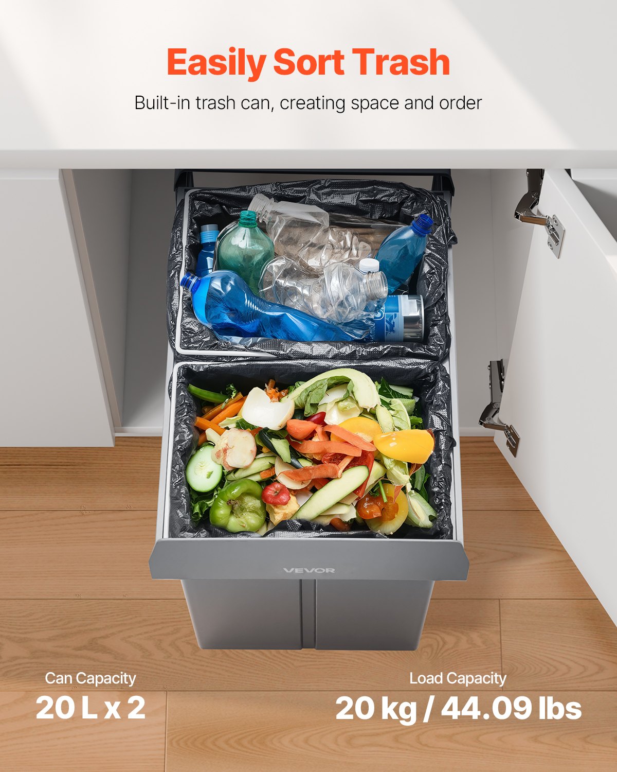 Pullout Trash Can for Kitchen Cabinets, 20Lx2 Double Under Sink