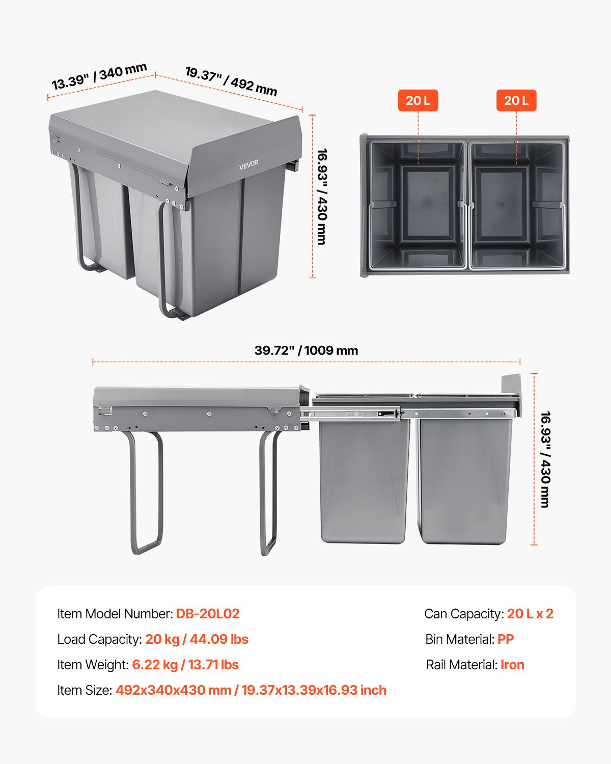 Pullout Trash Can for Kitchen Cabinets, 20Lx2 Double Under Sink