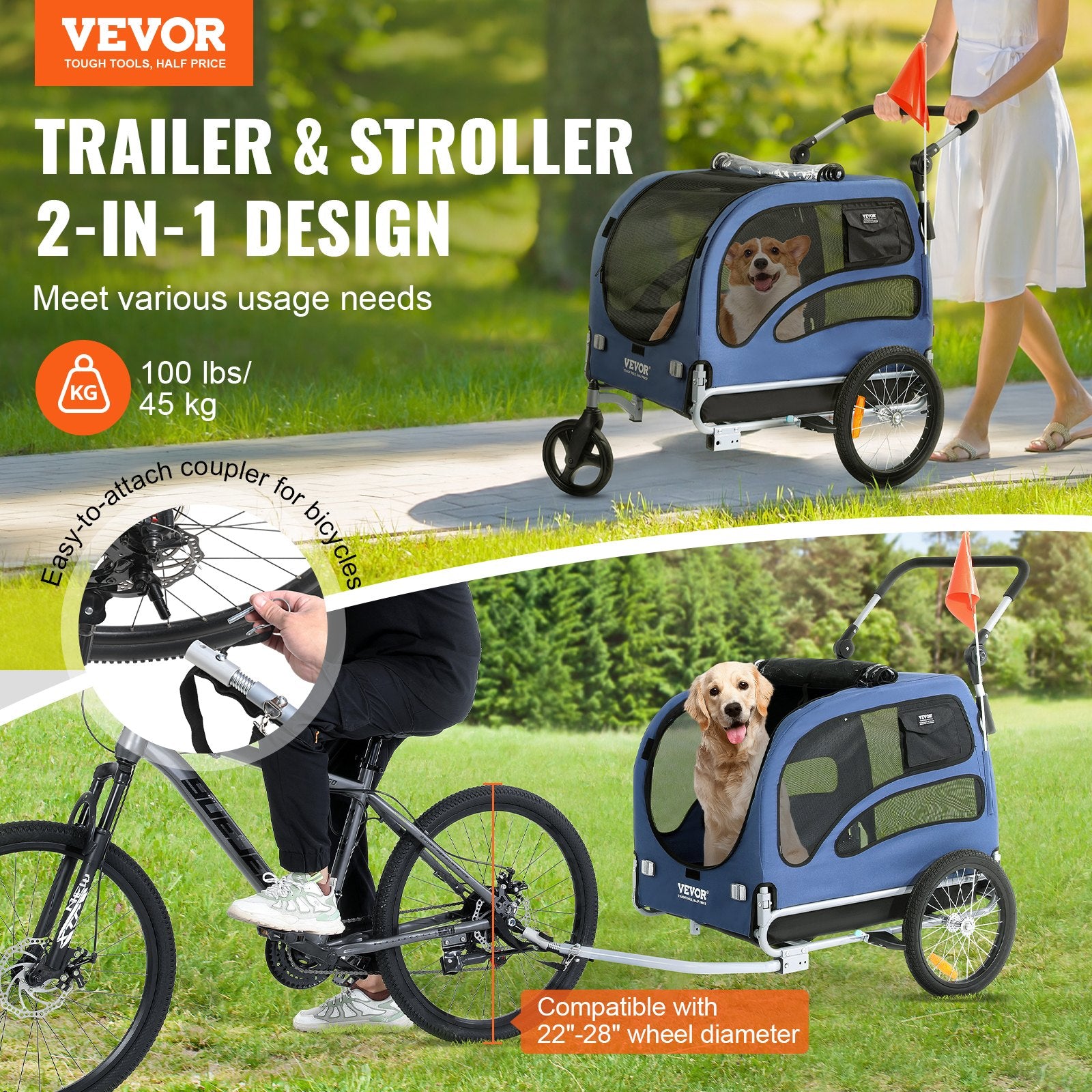 Dog Bike Trailer, Supports up to 100 lbs, 2-in-1 Pet Stroller Cart